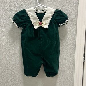 Green Velvet Baby Romper with White Collar